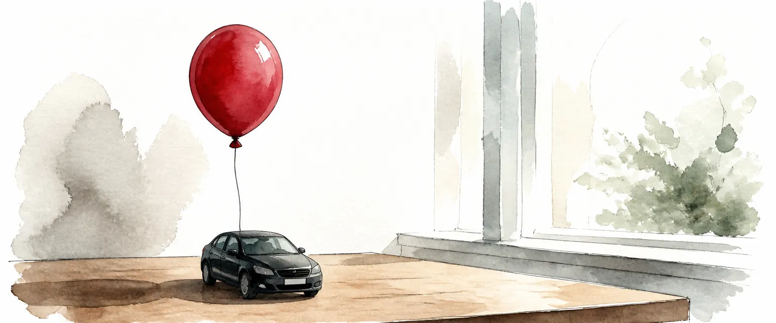 Watercolour illustration of a toy scale car tethered to a red balloon on a desk.