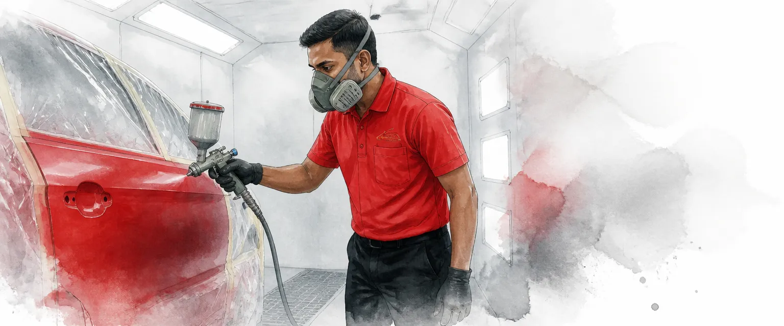 Watercolour illustration of a technician spraying deep red colour onto a car door panel in a booth.