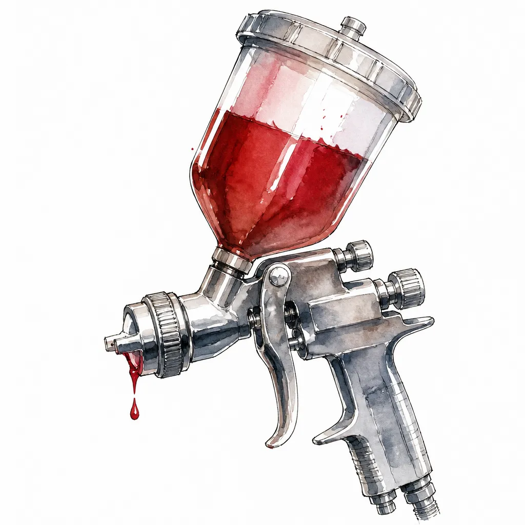 Watercolour close-up of a spray gun with a cup of red paint.