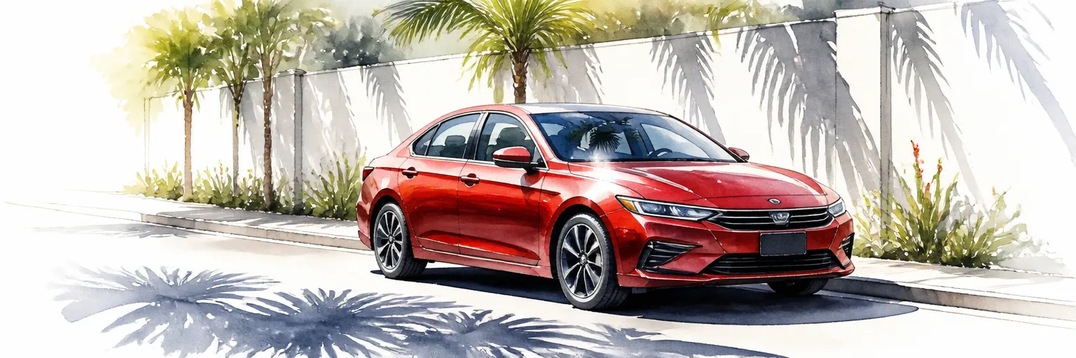 Watercolour illustration of midday sun blazing off the clear gloss of a red saloon.
