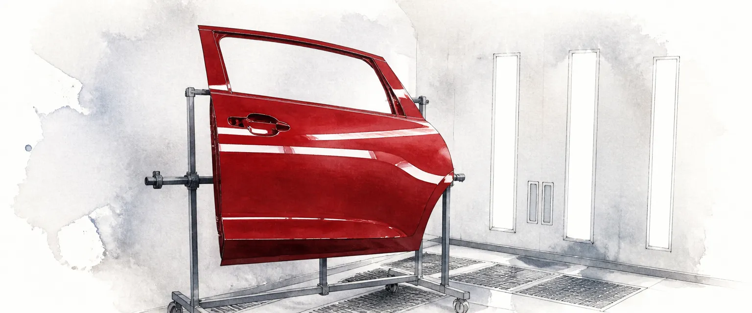 Watercolour illustration of a finished red door panel gleaming on a stand in a spray booth.