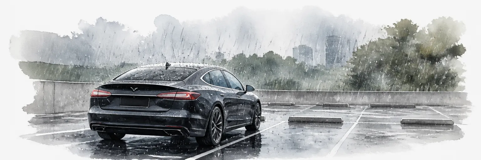 Watercolour illustration of a downpour bouncing into fast rolling beads on a coated car roof.