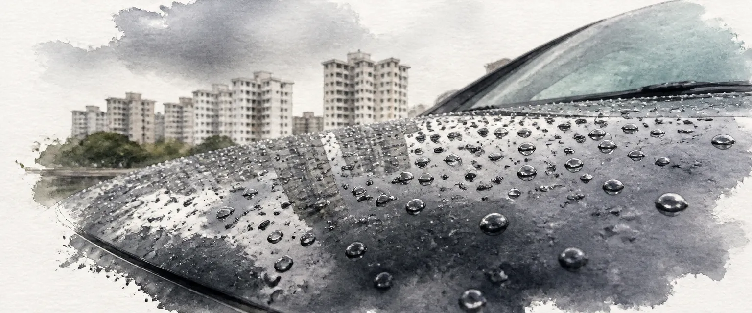 Watercolour illustration of tight round water droplets standing on a dark bonnet after rain.