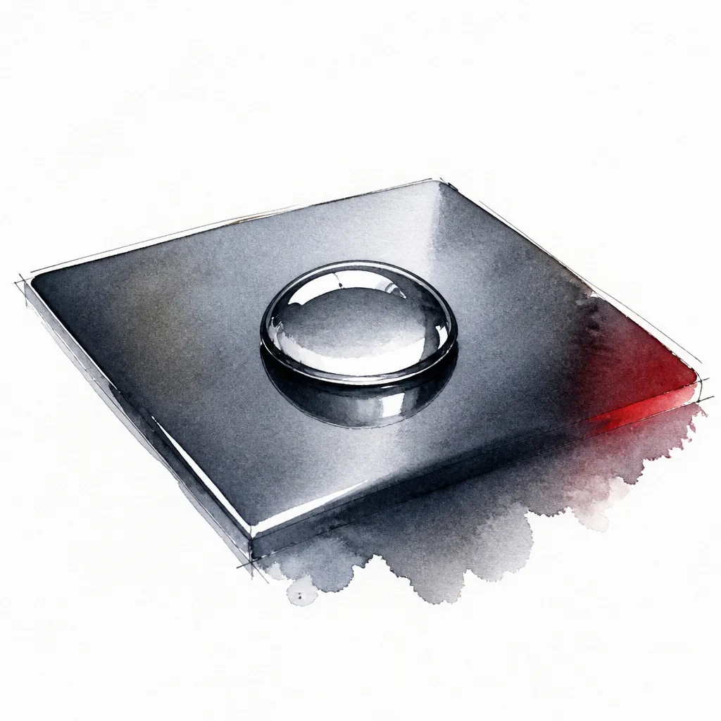 Watercolour close-up of a single water droplet on glossy dark paint.