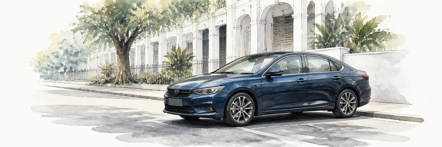 Watercolour illustration of a repaired blue saloon reading as one unbroken colour in morning light.