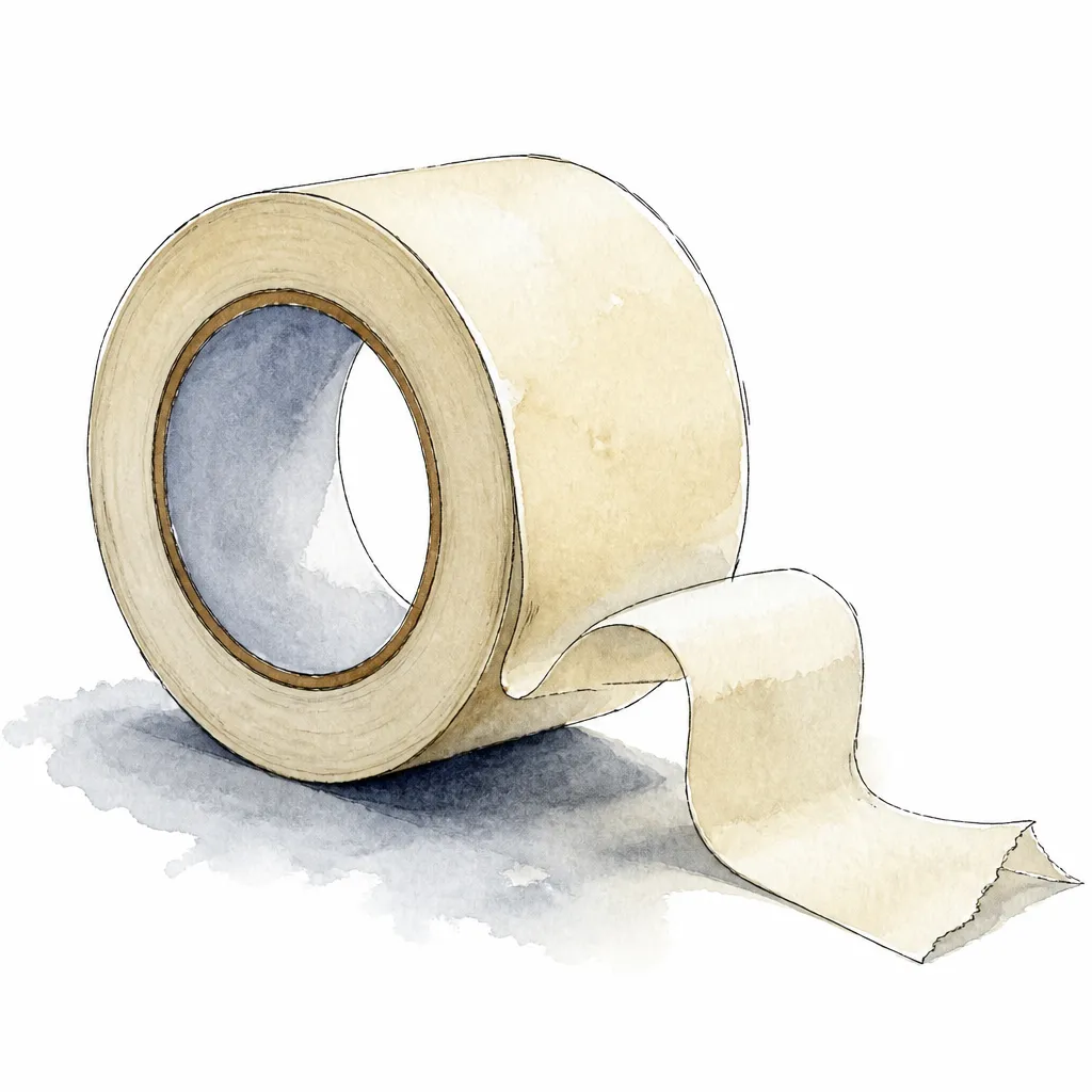 Watercolour close-up of a roll of masking tape with a curl pulled free.