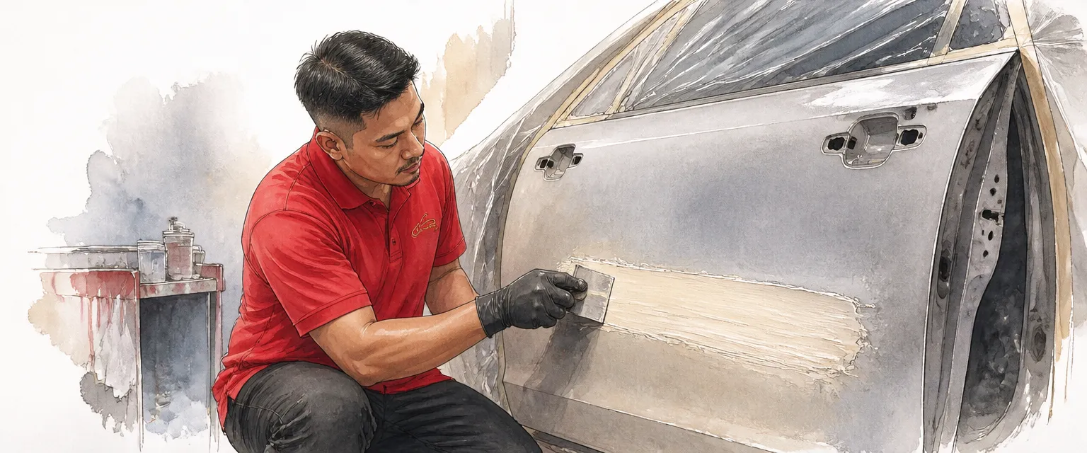 Watercolour illustration of a technician spreading a thin pass of filler across a door skin.