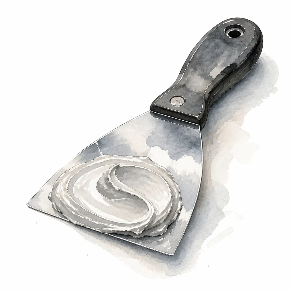 Watercolour close-up of a steel spreader with a swirl of pale filler paste.