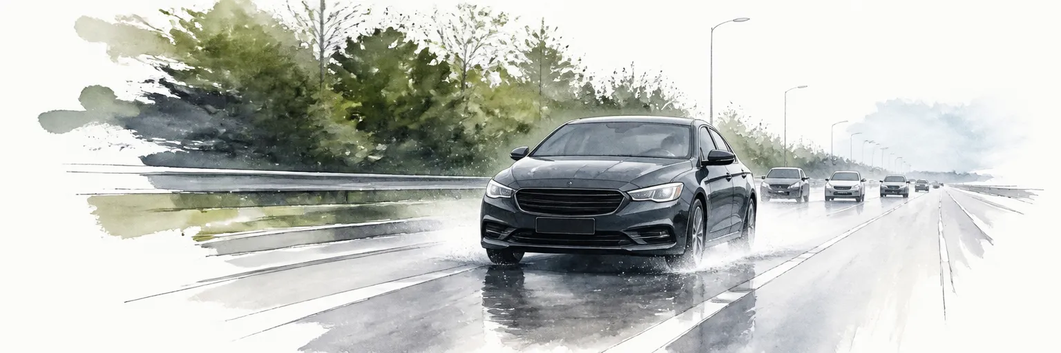 Watercolour illustration of a saloon following expressway traffic as grit lifts off the lane ahead.
