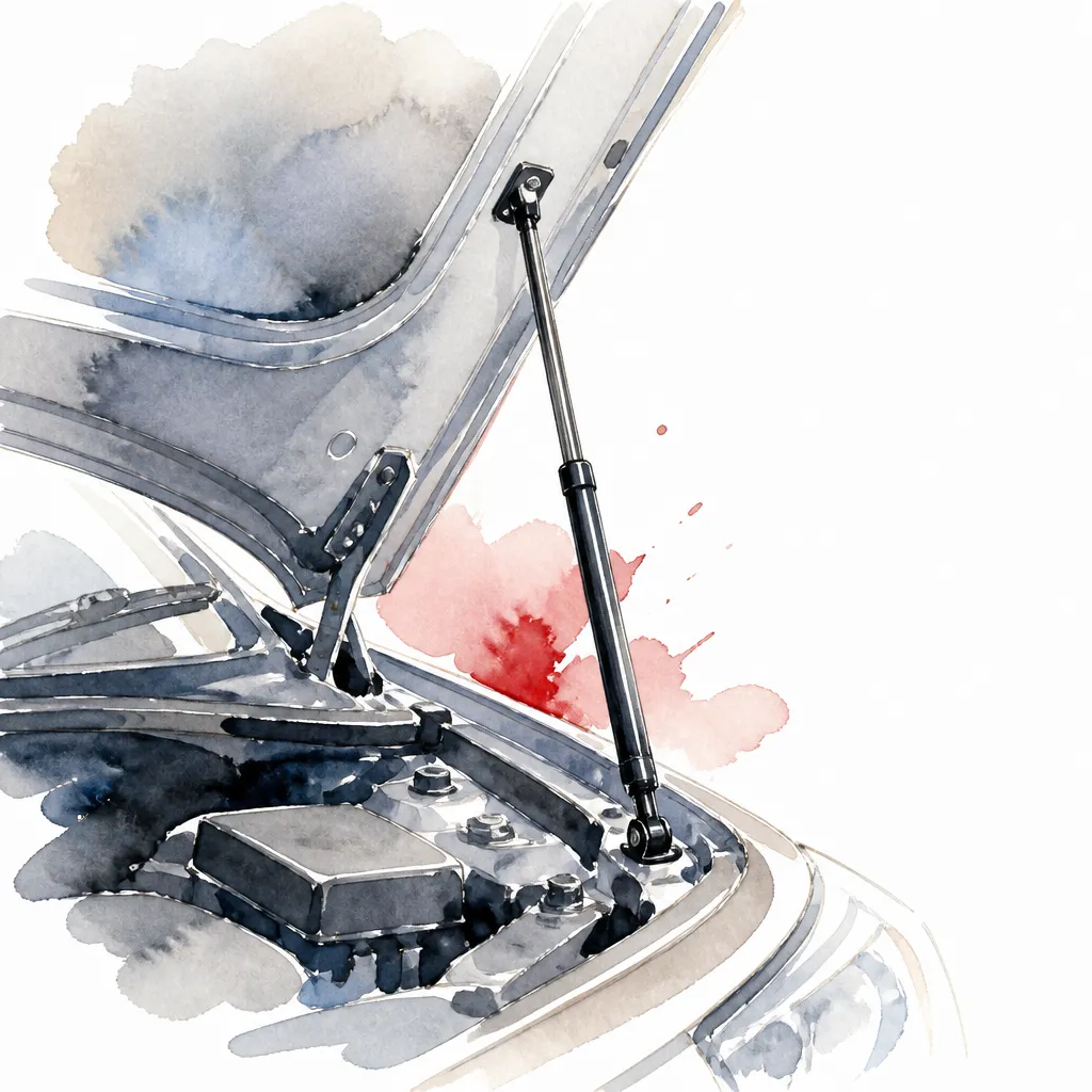 Watercolour close-up of a hydraulic bonnet strut.