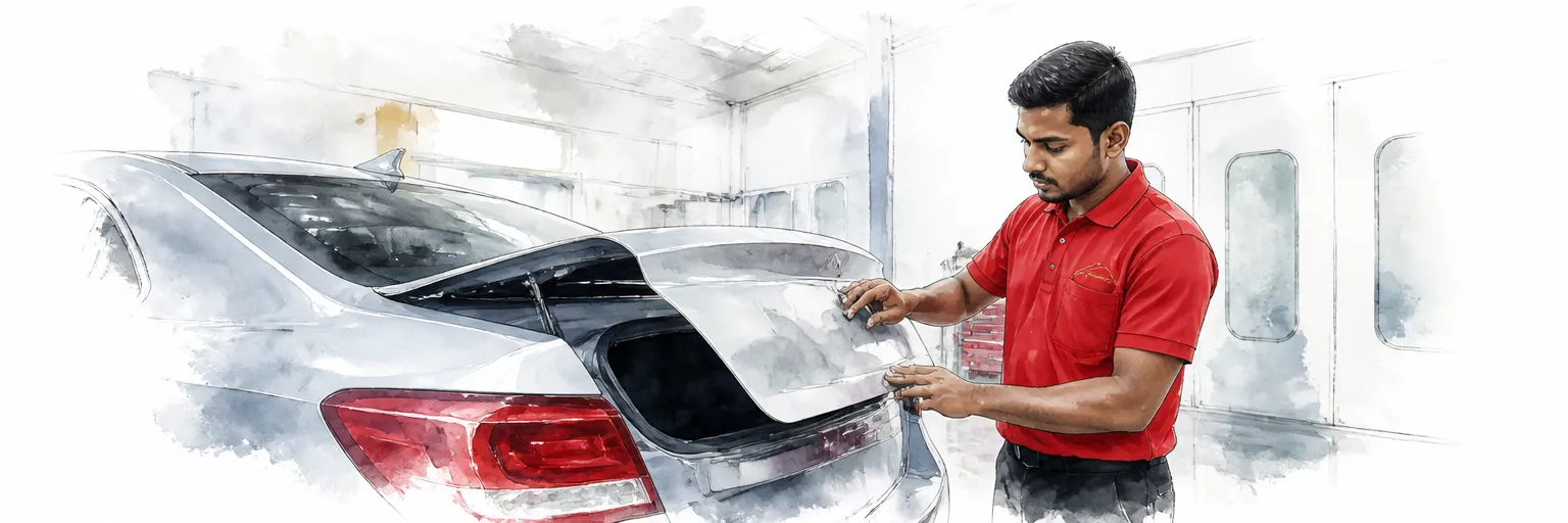 Watercolour illustration of a technician checking the gap around a repaired boot lid.
