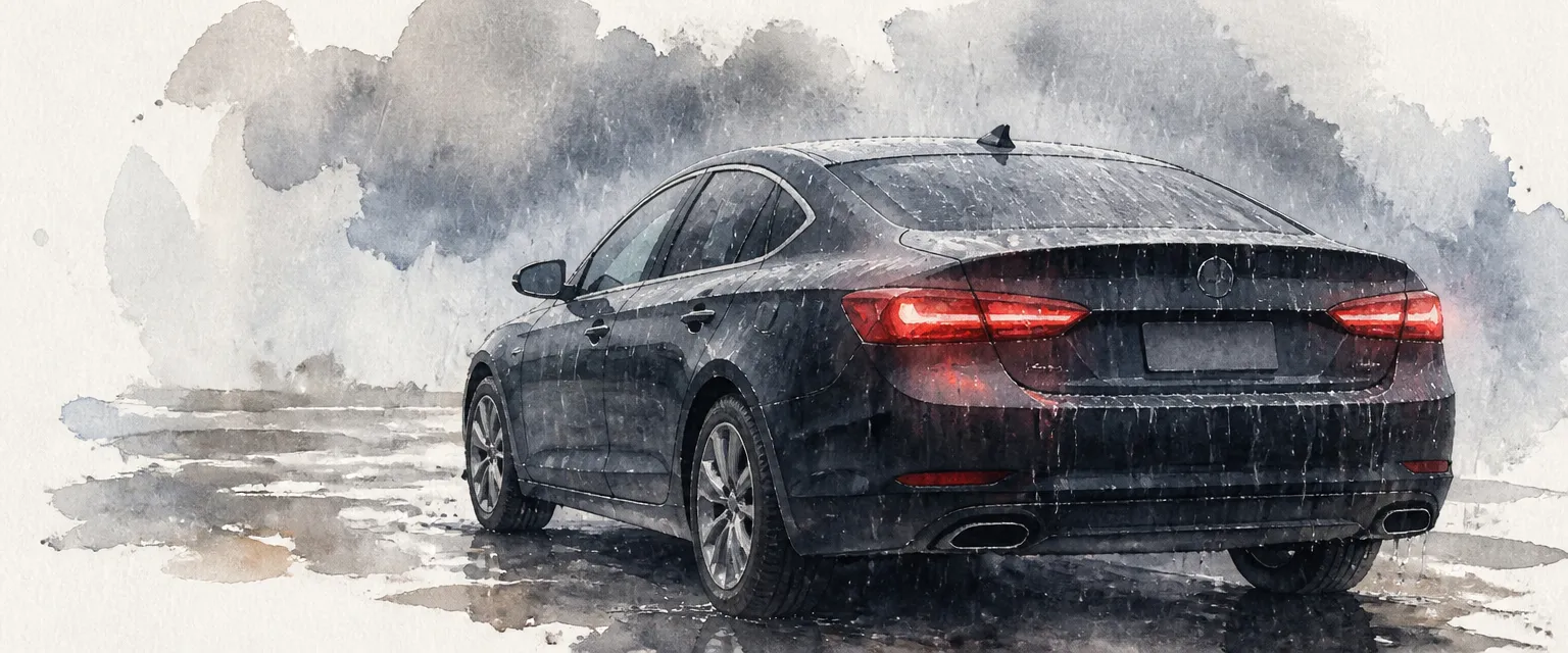Watercolour illustration of rain streaming over the boot lid of a dark saloon.