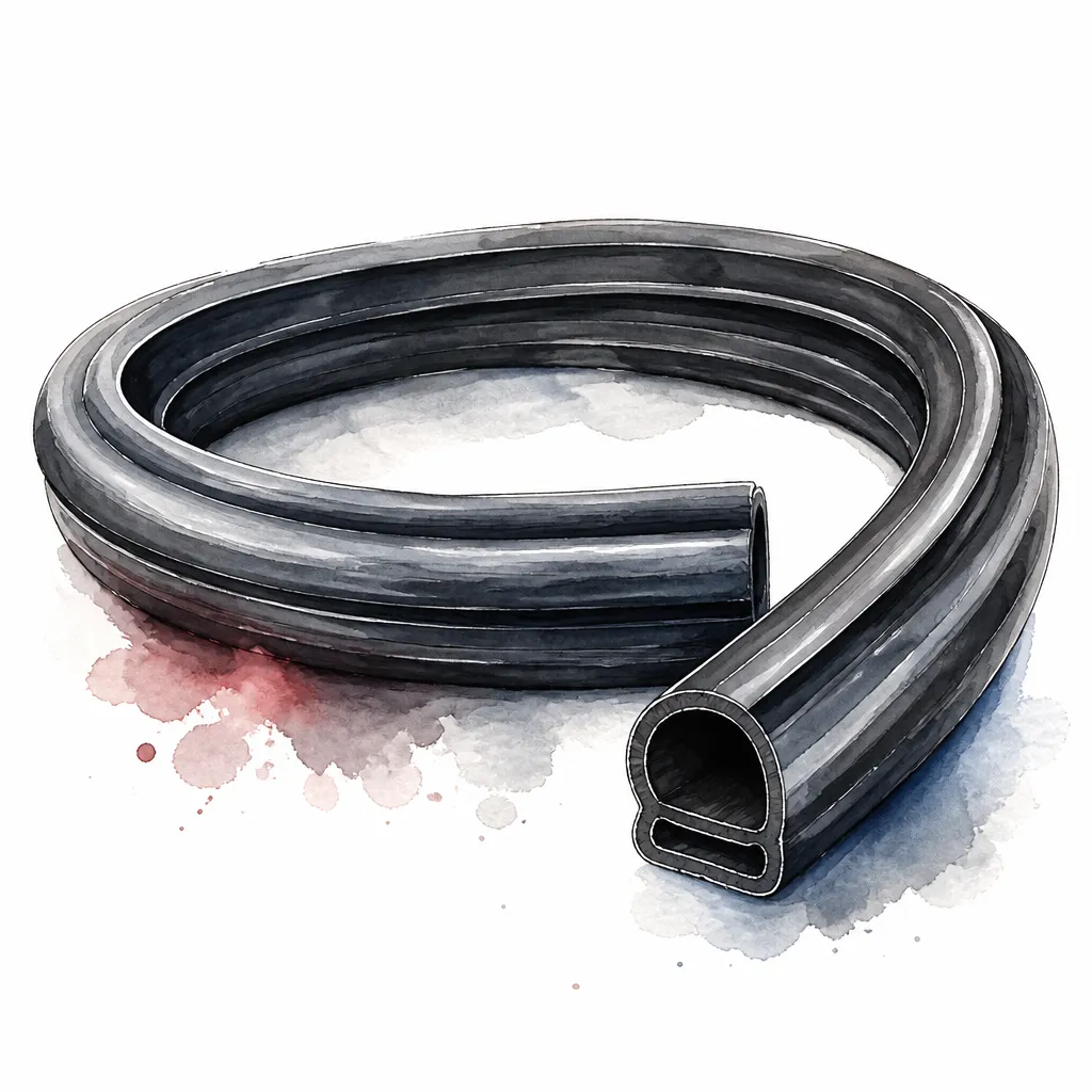 Watercolour close-up of a loop of black rubber boot seal.