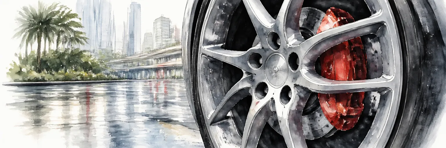 Watercolour illustration of a painted calliper seen through wet alloy wheel spokes.