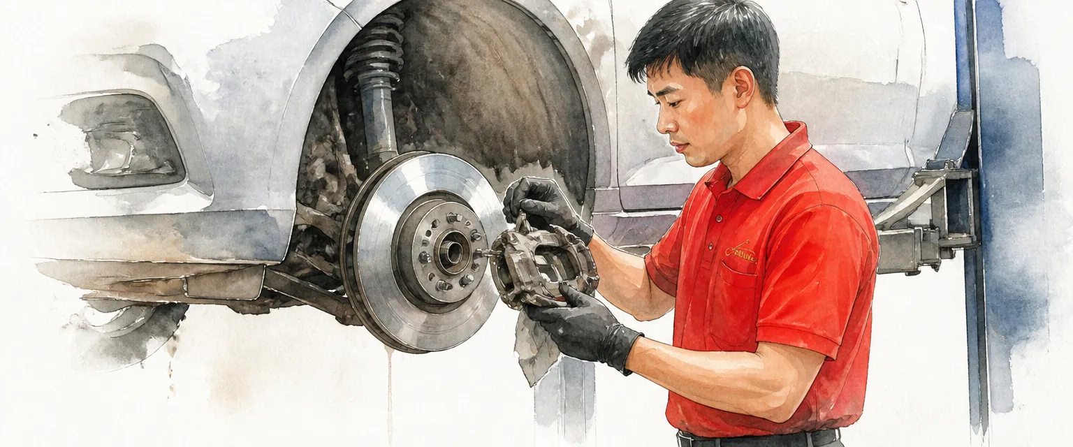 Watercolour illustration of a technician greasing the guide pins of a brake calliper.