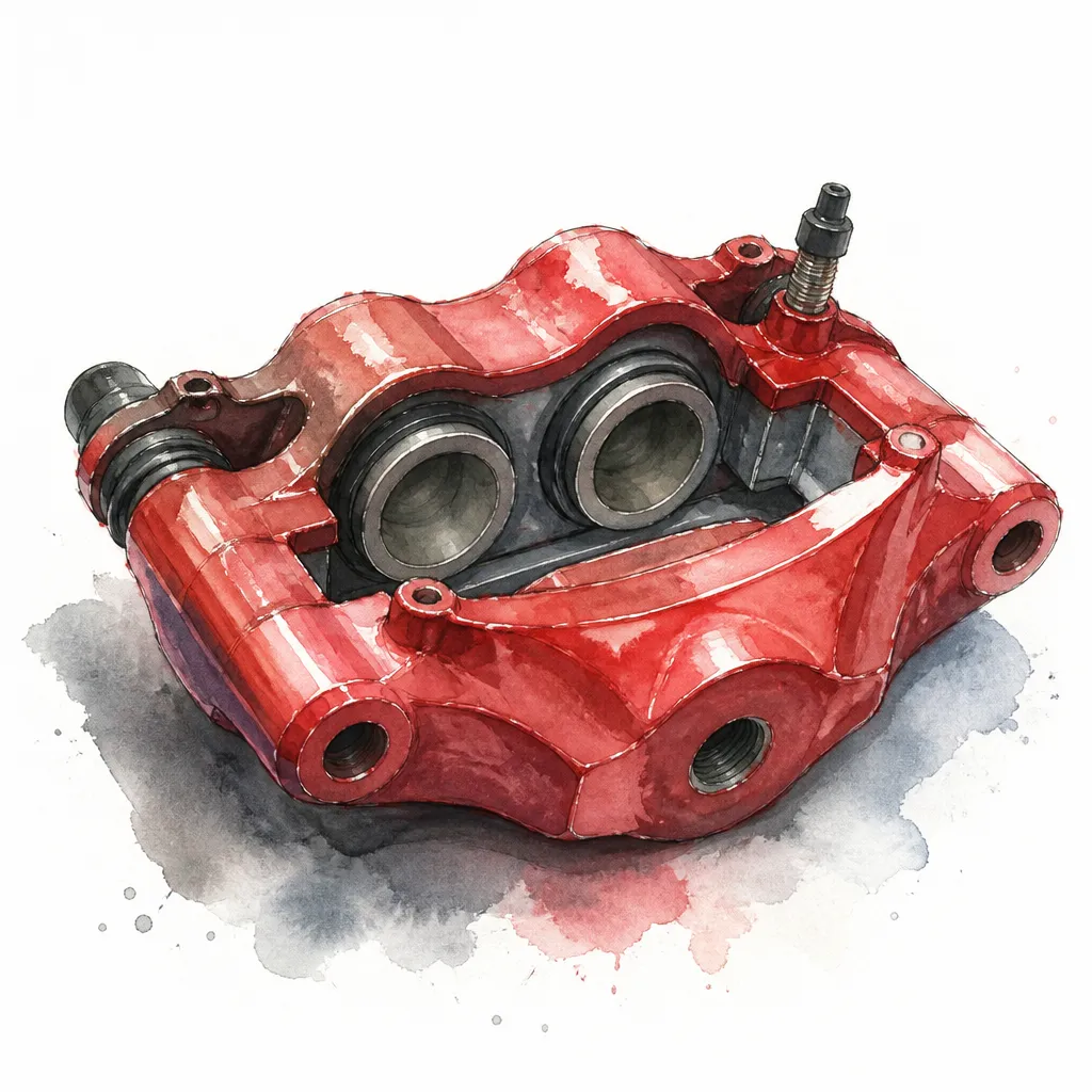 Watercolour close-up of a brake calliper with visible pistons.