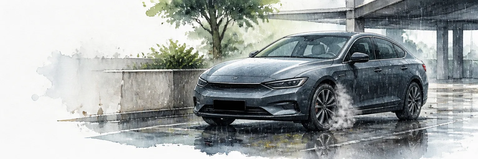 Watercolour illustration of steam curling from a hot front wheel as sudden rain hits.