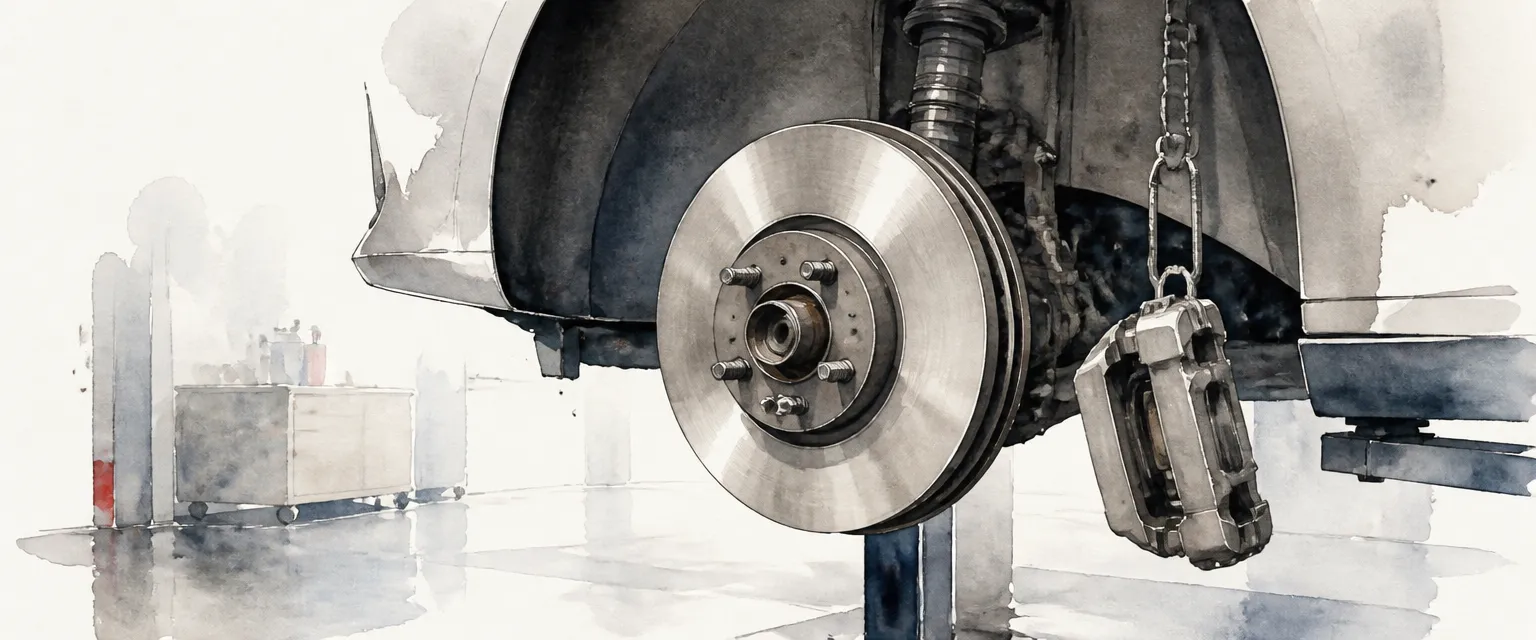 Watercolour illustration of a machined brake disc mounted on its hub in a workshop.