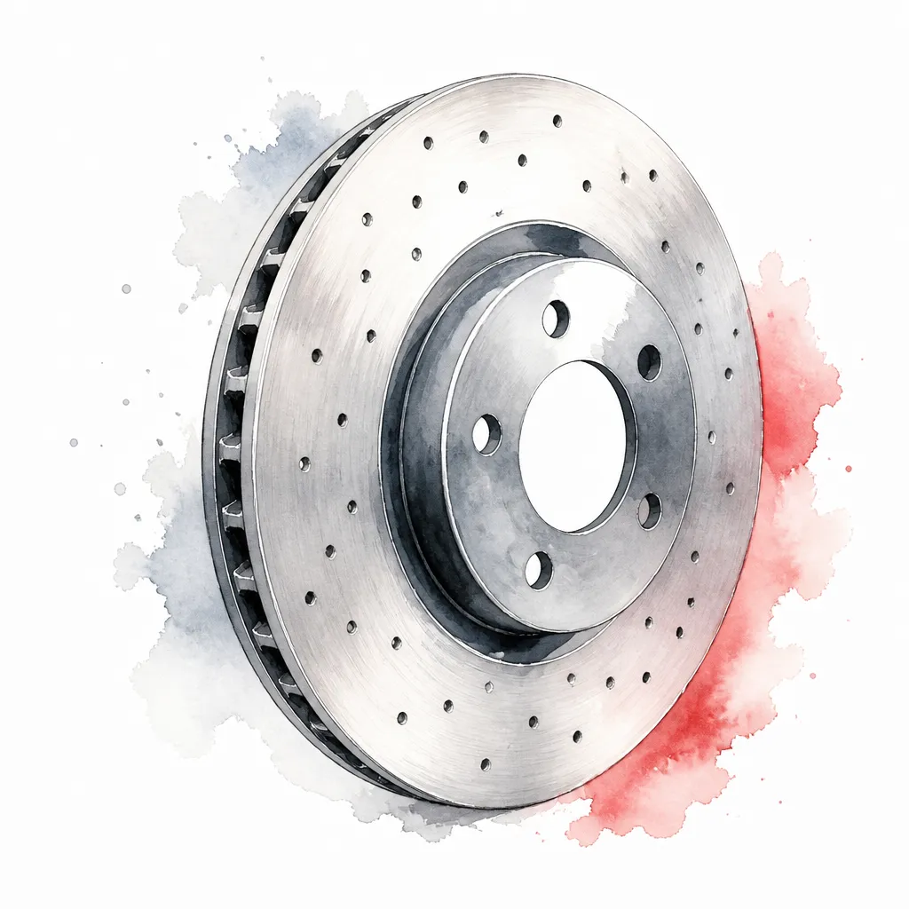 Watercolour close-up of a ventilated brake disc.