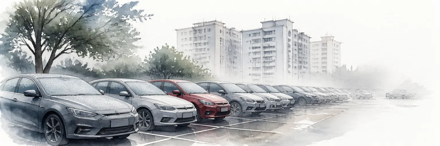 Watercolour illustration of dew filmed cars in a misty carpark on a humid morning.