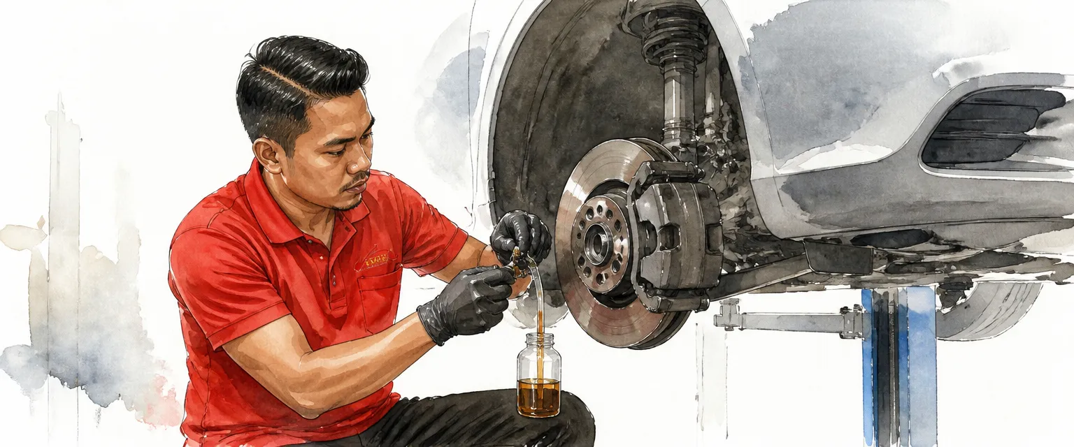 Watercolour illustration of a technician bleeding old amber brake fluid into a catch bottle.