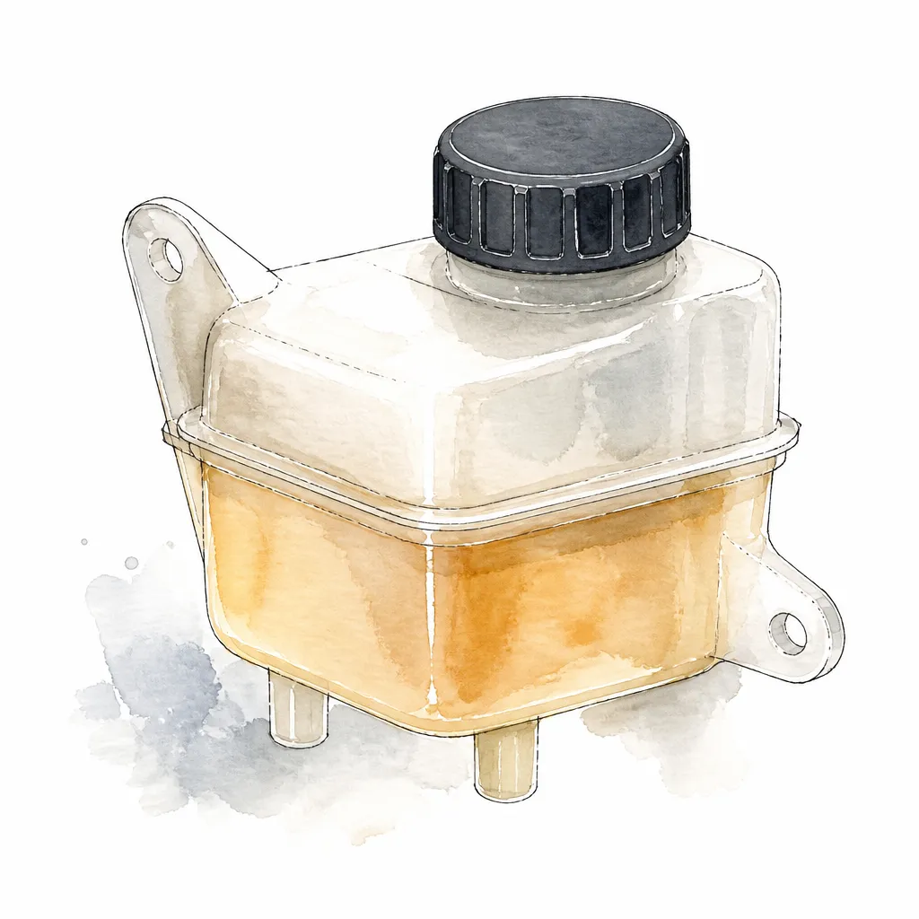 Watercolour close-up of a translucent reservoir bottle of amber fluid.