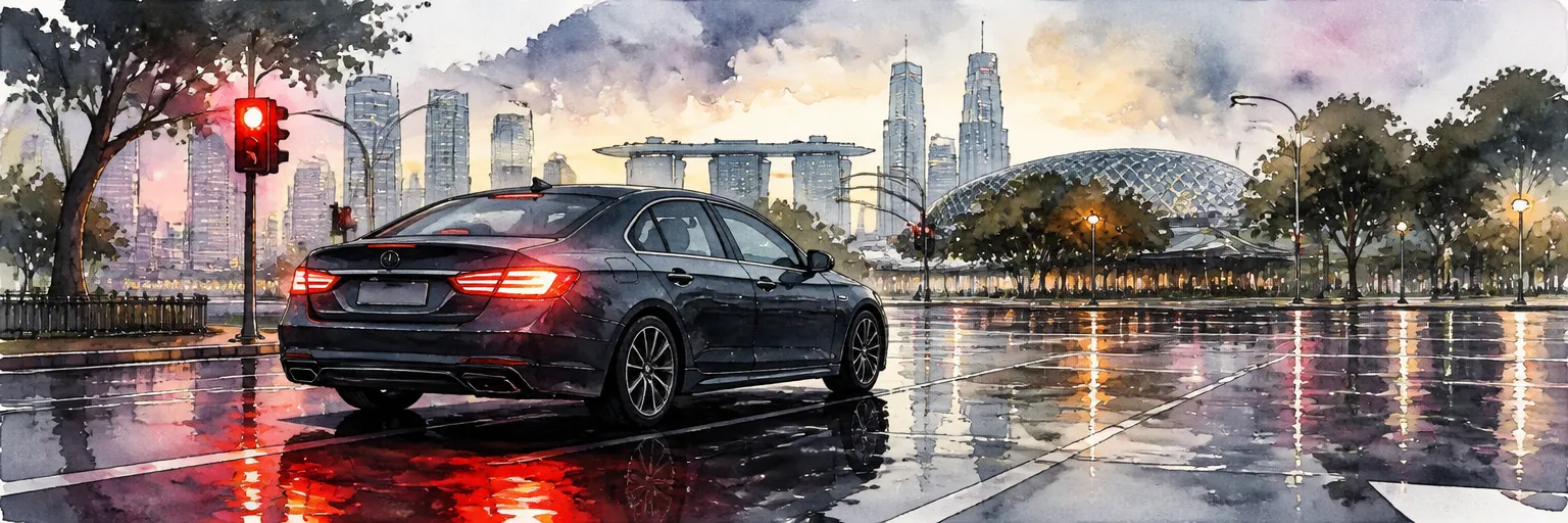 Watercolour illustration of a saloon stopped hard at a rain soaked junction at dusk.