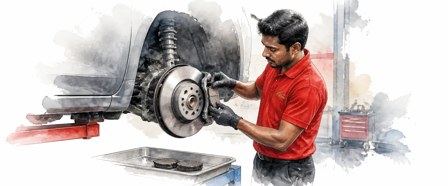 Watercolour illustration of a technician sliding a fresh brake pad into a calliper bracket.