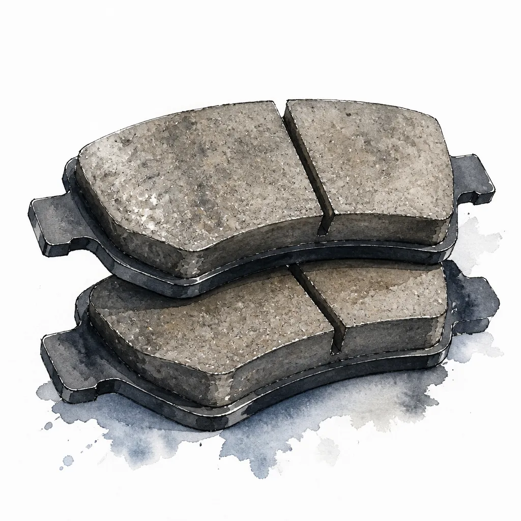 Watercolour close-up of a pair of brake pads stacked face to face.