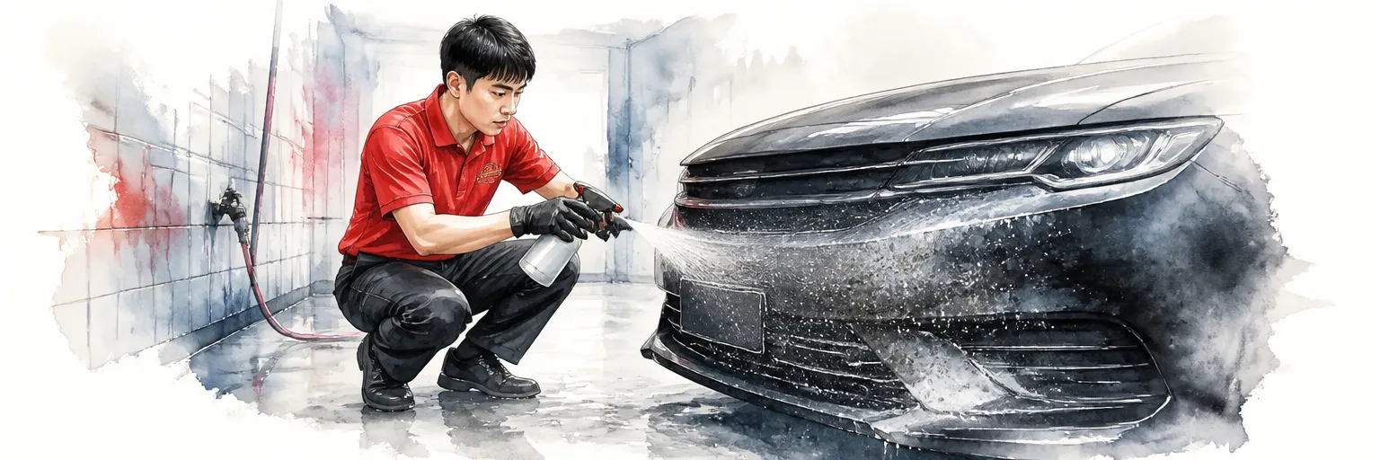 Watercolour illustration of a technician misting cleaner over an insect speckled front bumper.