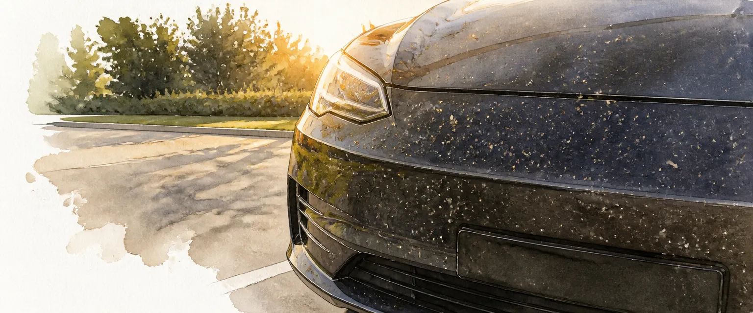 Watercolour illustration of insect splatter freckling the nose of a dark car at evening.