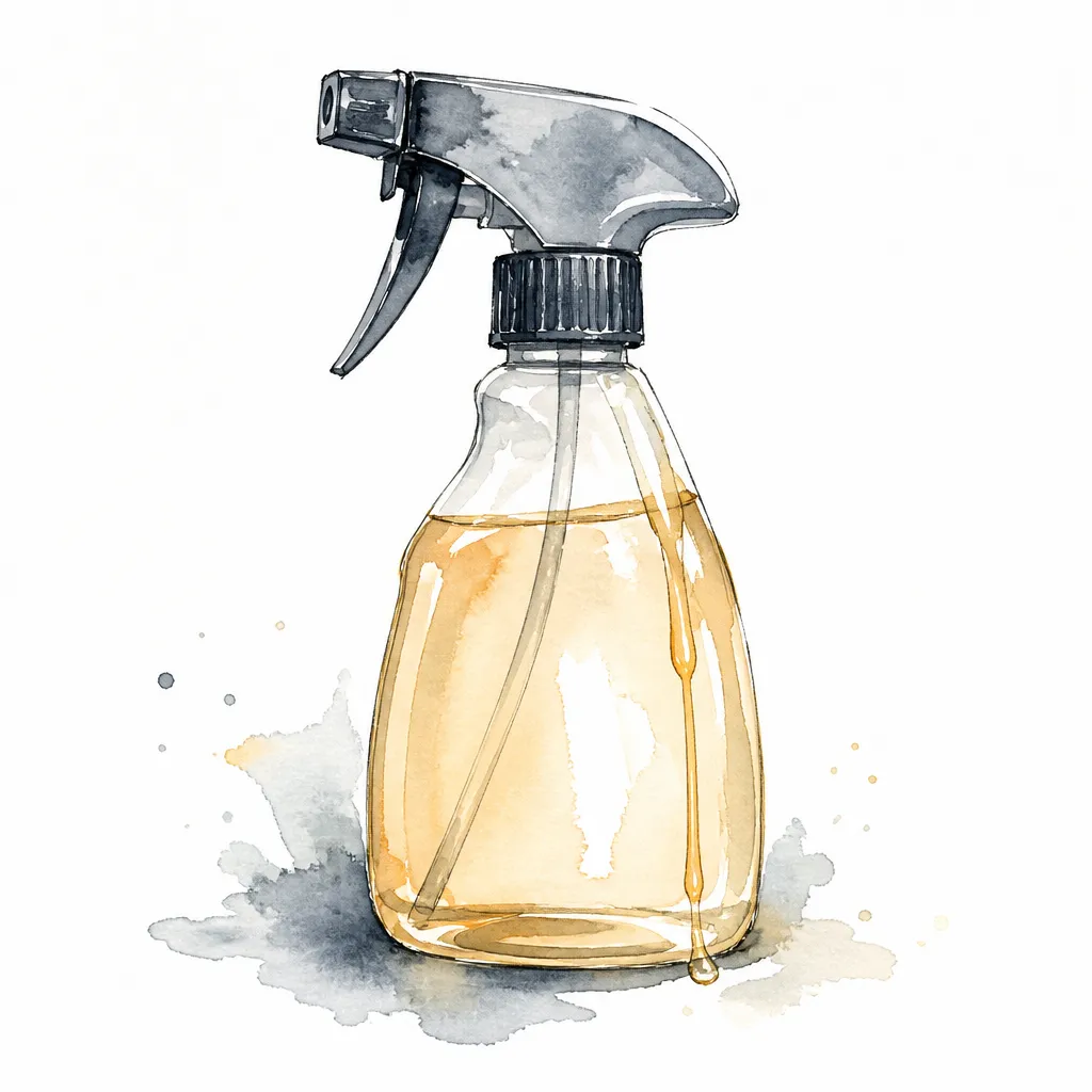 Watercolour close-up of a trigger spray bottle of amber cleaner.