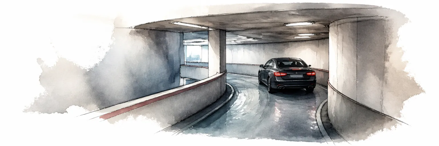 Watercolour illustration of a car easing down a tight multi storey carpark ramp.