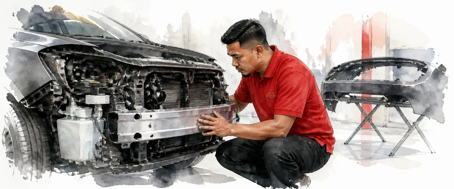 Watercolour illustration of a technician inspecting the bare crash beam behind a removed bumper cover.