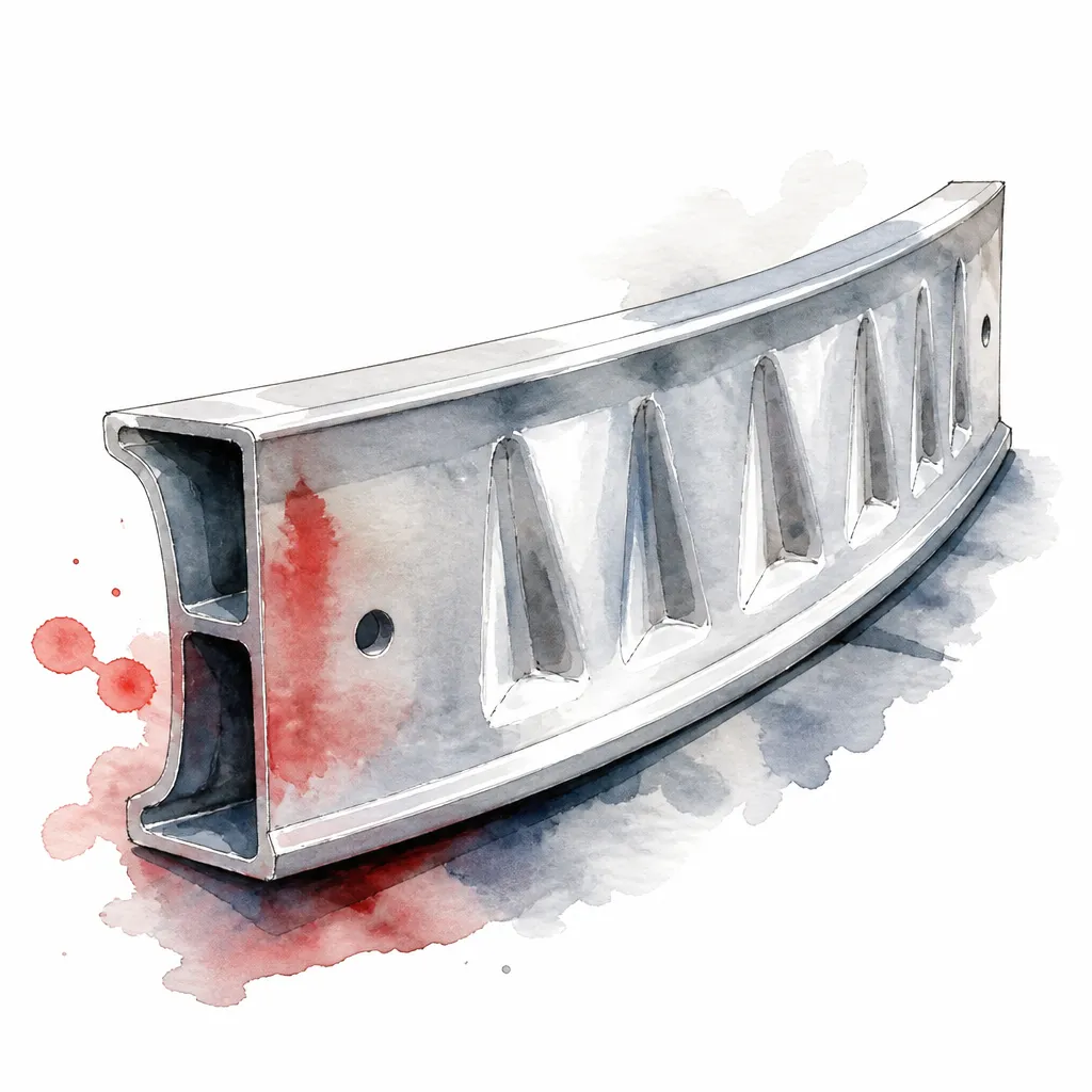 Watercolour close-up of a curved crash beam section with pressed ribs.