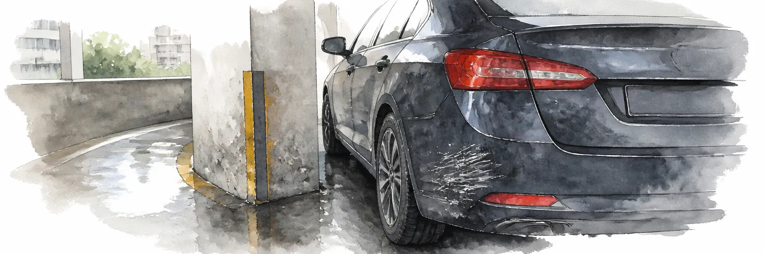 Watercolour illustration of a car nosing past a scuffed pillar in a tight HDB carpark.