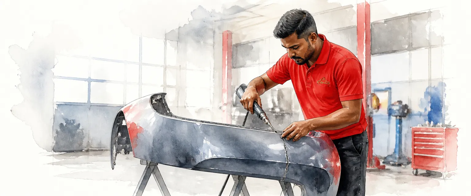 Watercolour illustration of a technician plastic welding a crack on the back of a bumper cover.