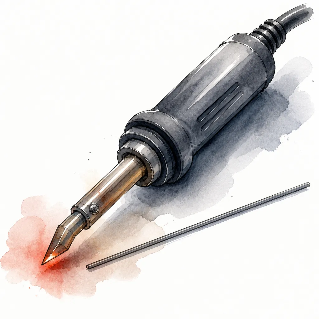 Watercolour close-up of a plastic welding iron with a filler rod.