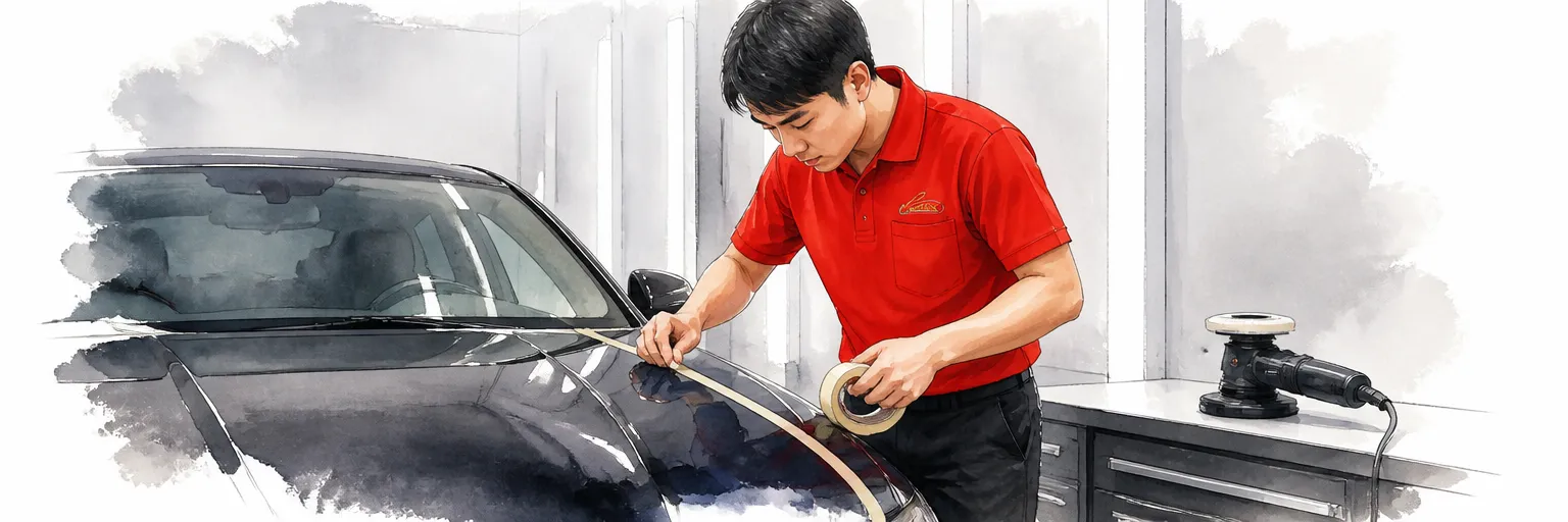 Watercolour illustration of a technician taping off the edges of a bonnet before machine polishing.