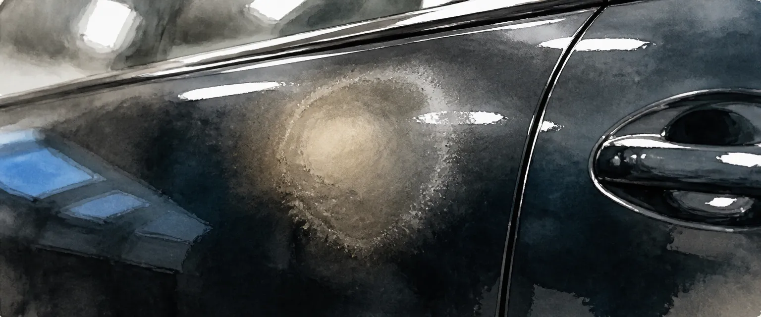 Watercolour close-up of a dull patch where polishing has cut through the clear coat on a dark panel.