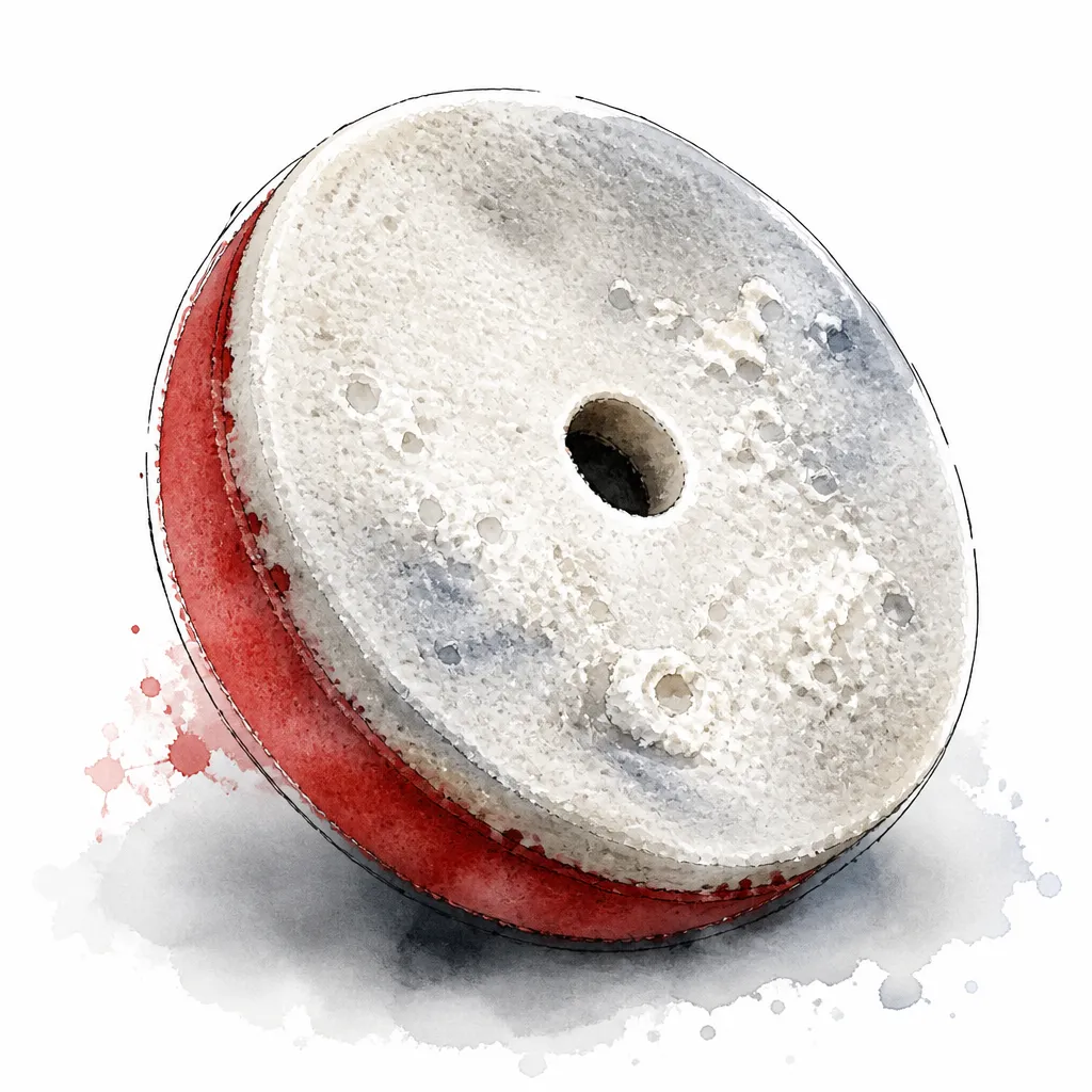 Watercolour close-up of a worn foam machine polishing pad.