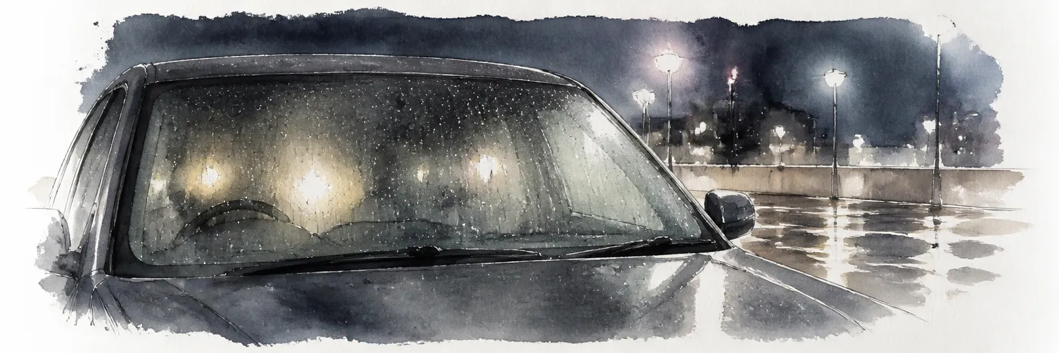 Watercolour illustration of rain on the fogged windscreen of a parked car at night.