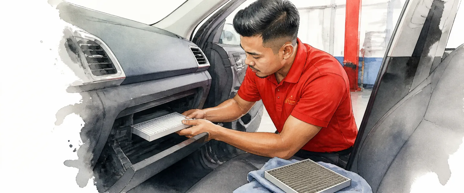 Watercolour illustration of a technician sliding a fresh cabin filter in behind an open glove box.