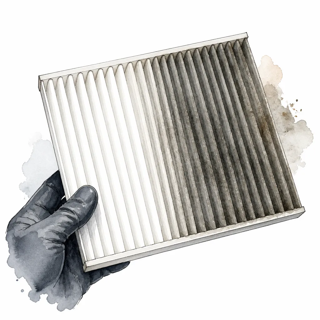 Watercolour close-up of a pleated cabin filter shaded with trapped dust.