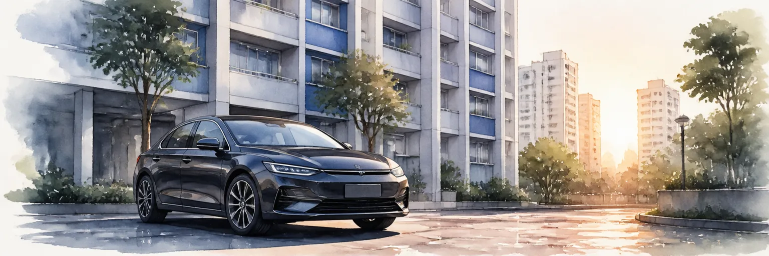 Watercolour illustration of a new dark car parked at the foot of an HDB block at dawn.