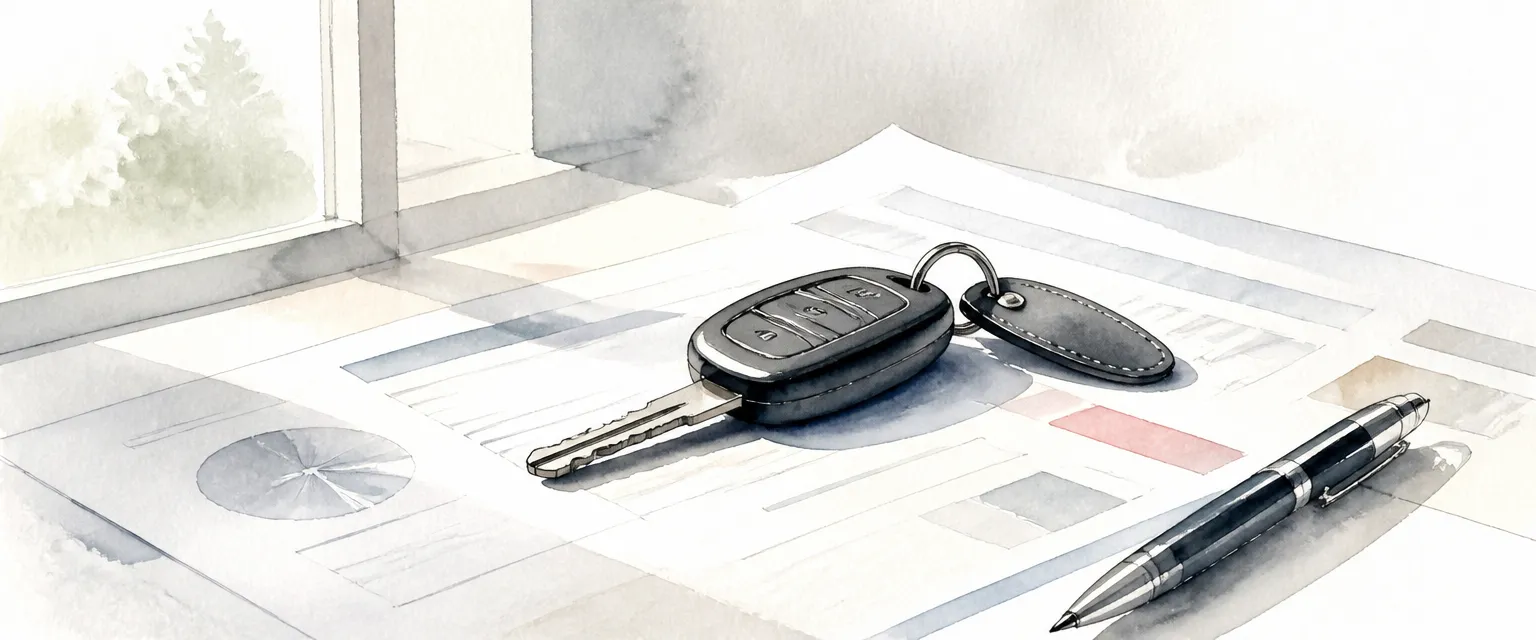 Watercolour illustration of car keys resting on abstract finance paperwork in morning light.