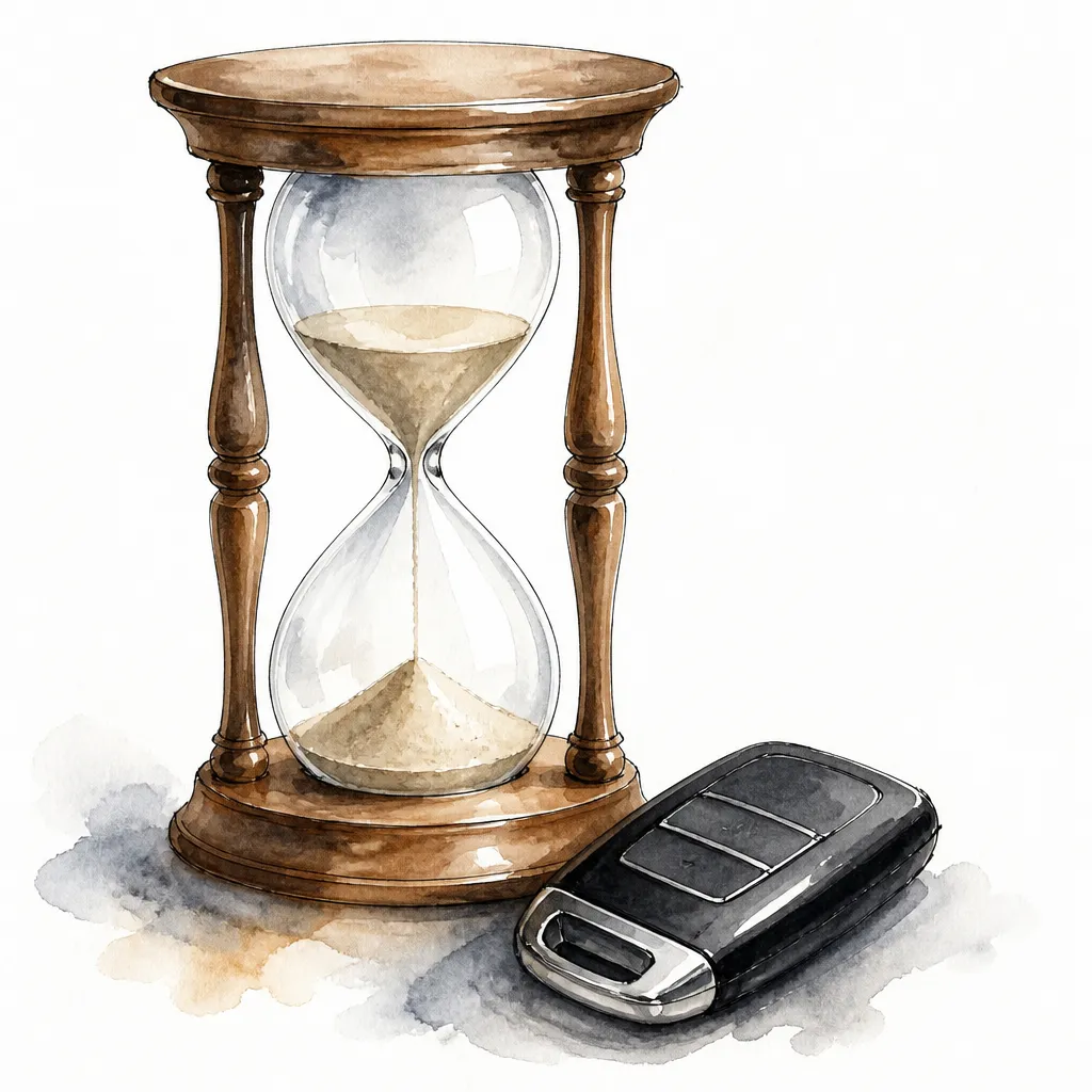 Watercolour close-up of an hourglass with pale sand flowing.