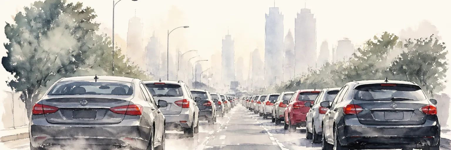 Watercolour illustration of cars idling nose to tail in a hazy Singapore jam.