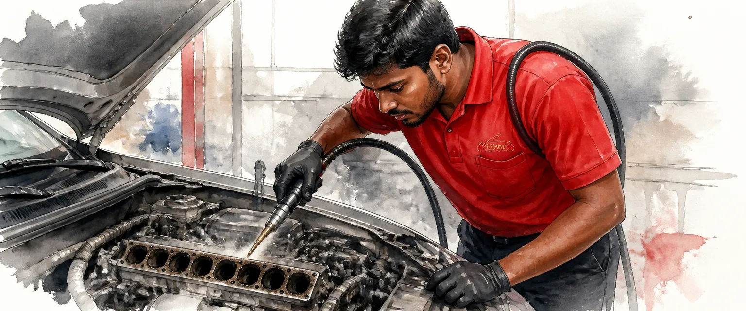 Watercolour illustration of a technician walnut blasting the intake ports of an open engine.