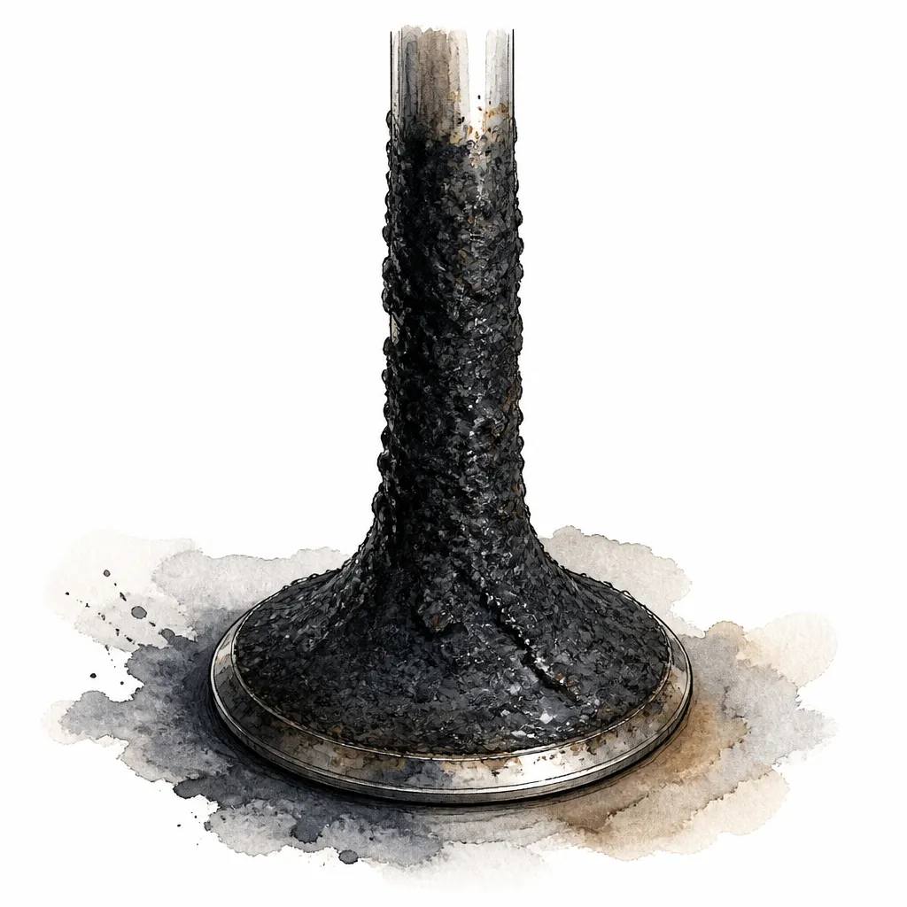 Watercolour close-up of an intake valve crusted with black carbon.